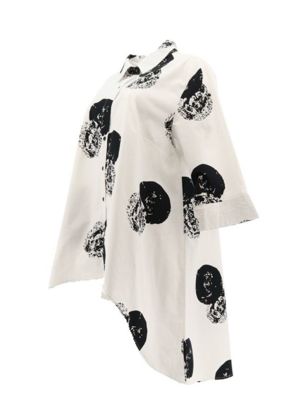 Truth + Style Botton Front White Stretch Poplin Fabric Black  Abstract PrintTop